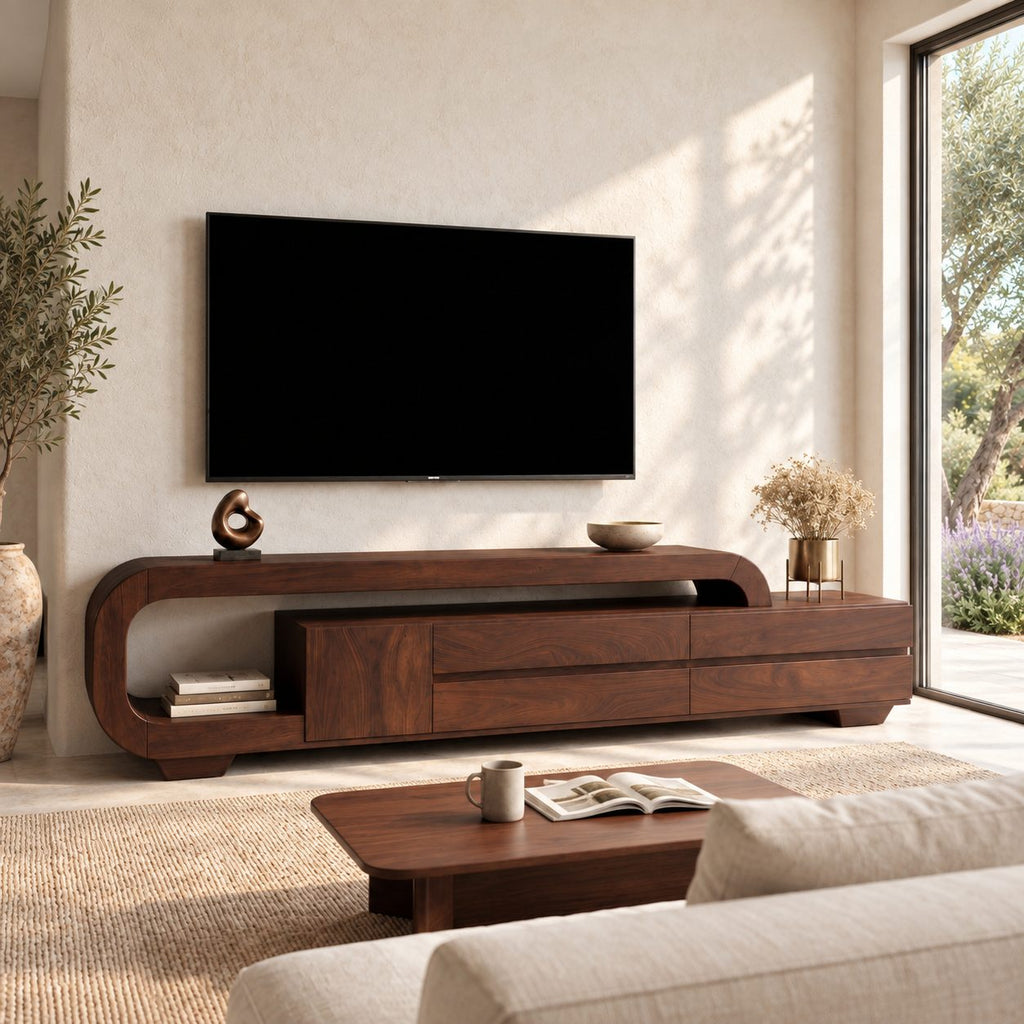 Curved Loop TV Console with Drawers, Solid Wood Sculpted Media Cabinet with Open End Shelf