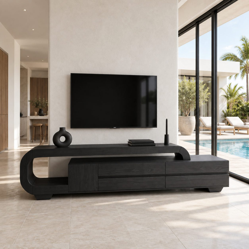 Curved Loop TV Console with Drawers, Solid Wood Sculpted Media Cabinet with Open End Shelf