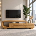 Curved Loop TV Console with Drawers, Solid Wood Sculpted Media Cabinet with Open End Shelf