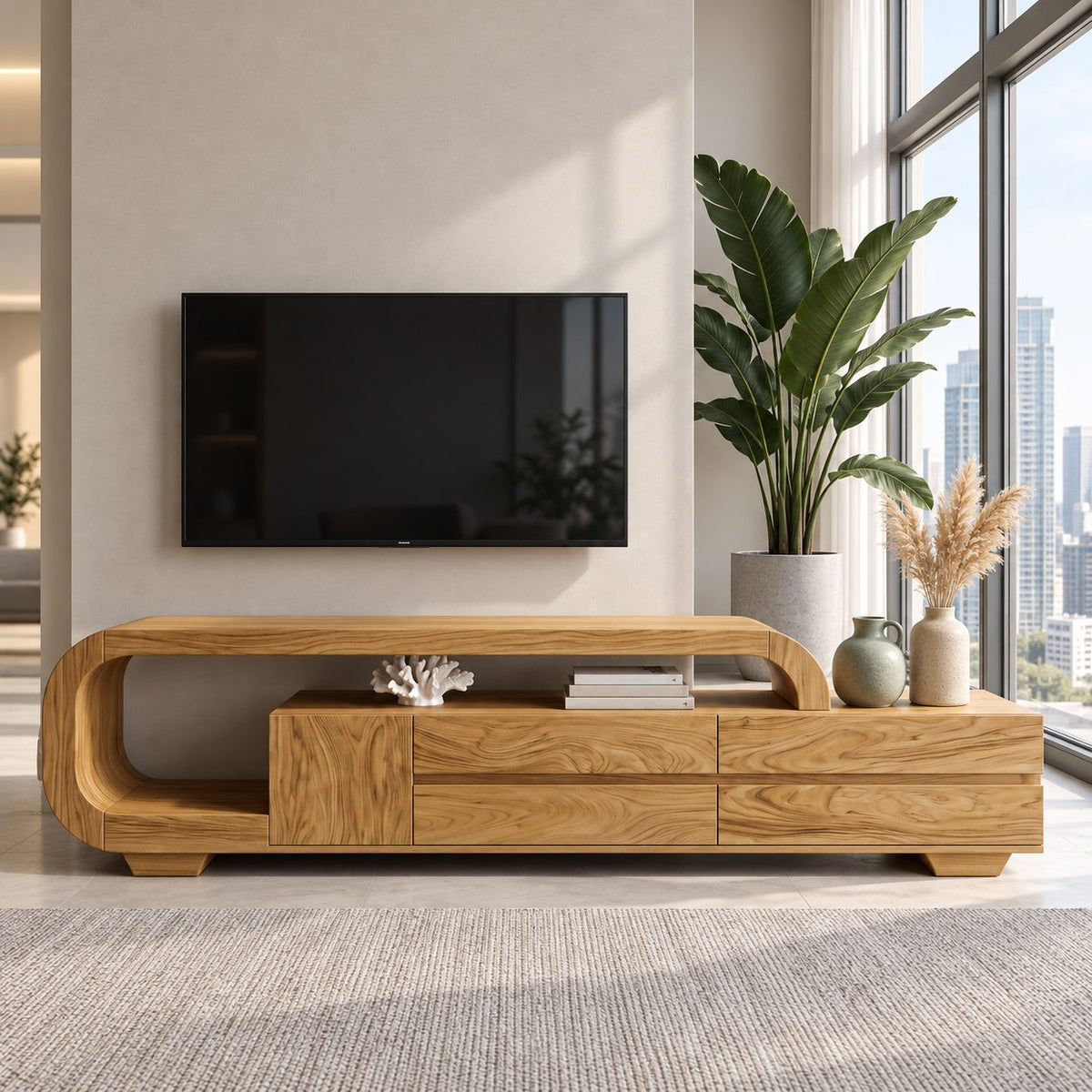 Curved Loop TV Console with Drawers, Solid Wood Sculpted Media Cabinet with Open End Shelf