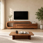Curved Loop TV Console with Drawers, Solid Wood Sculpted Media Cabinet with Open End Shelf