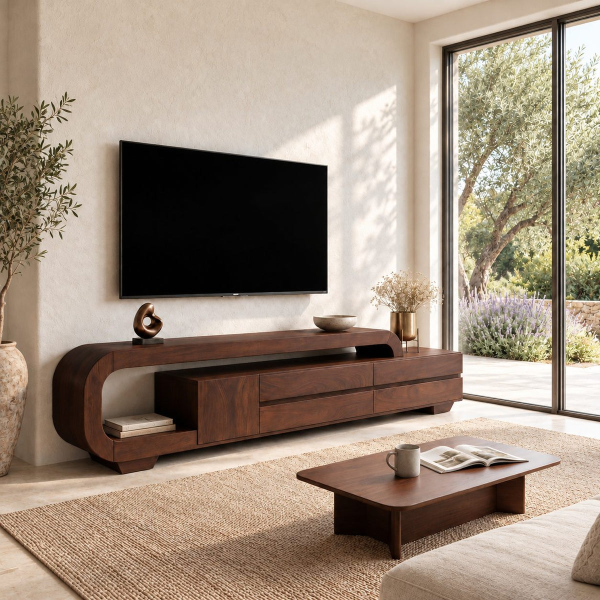 Curved Loop TV Console with Drawers, Solid Wood Sculpted Media Cabinet with Open End Shelf