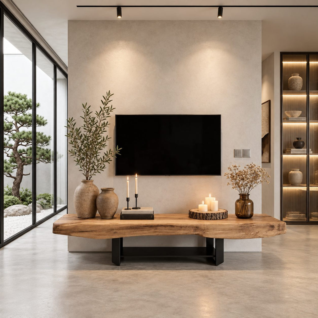 Thick Live Edge Slab TV Stand with Sled Legs and Lower Shelf, Solid Wood Minimalist Media Bench