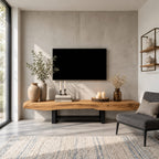 Thick Live Edge Slab TV Stand with Sled Legs and Lower Shelf, Solid Wood Minimalist Media Bench