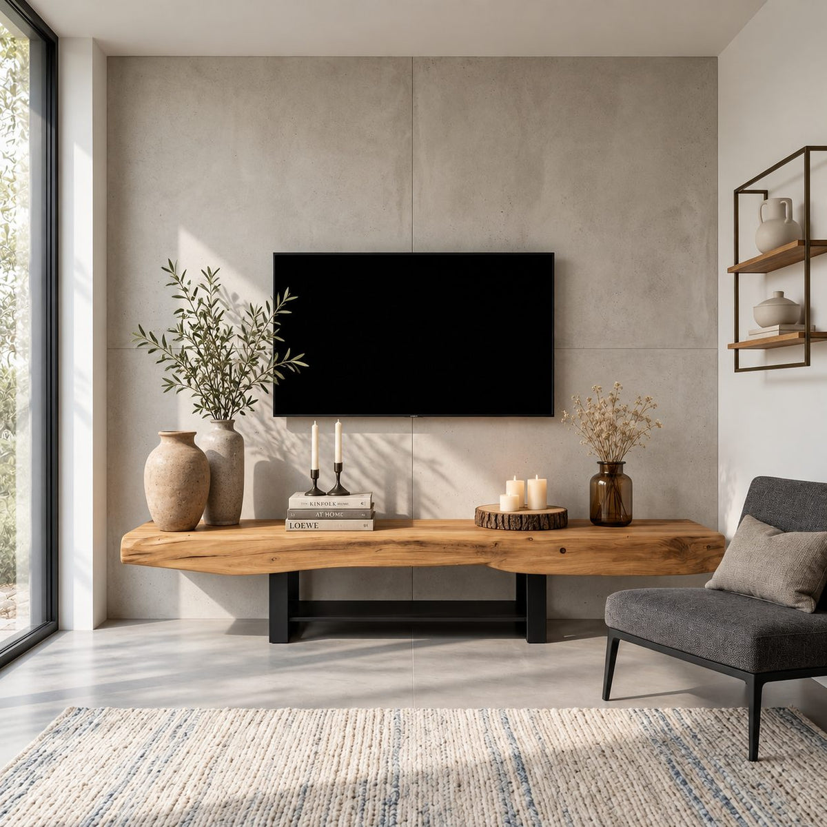 Thick Live Edge Slab TV Stand with Sled Legs and Lower Shelf, Solid Wood Minimalist Media Bench