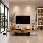 Thick Live Edge Slab TV Stand with Sled Legs and Lower Shelf, Solid Wood Minimalist Media Bench