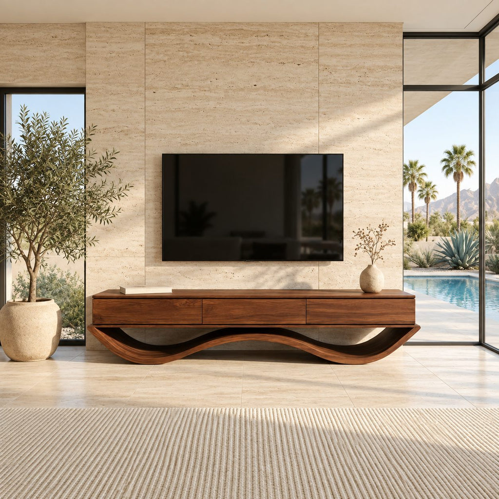 Floating Drawer TV Console on Wavy Base, Solid Wood Low Media Cabinet with Three Drawers