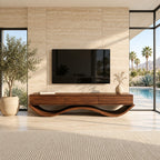 Floating Drawer TV Console on Wavy Base, Solid Wood Low Media Cabinet with Three Drawers