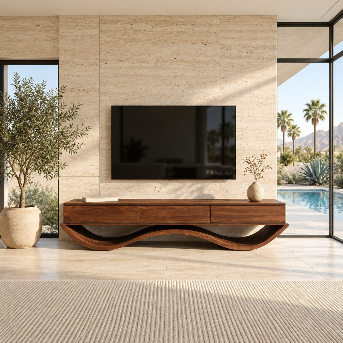 Floating Drawer TV Console on Wavy Base, Solid Wood Low Media Cabinet with Three Drawers
