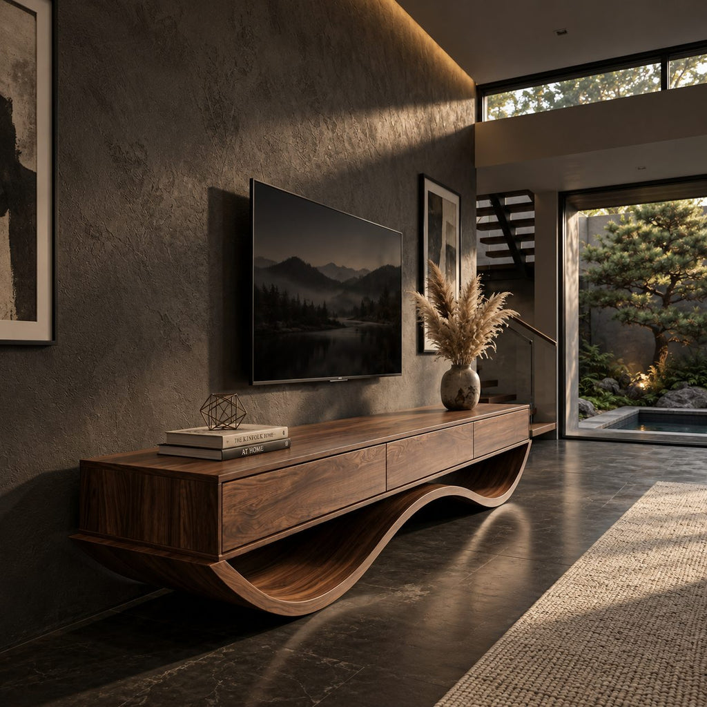 Floating Drawer TV Console on Wavy Base, Solid Wood Low Media Cabinet with Three Drawers