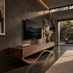 Floating Drawer TV Console on Wavy Base, Solid Wood Low Media Cabinet with Three Drawers