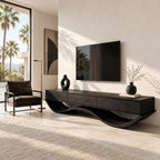 Floating Drawer TV Console on Wavy Base, Solid Wood Low Media Cabinet with Three Drawers