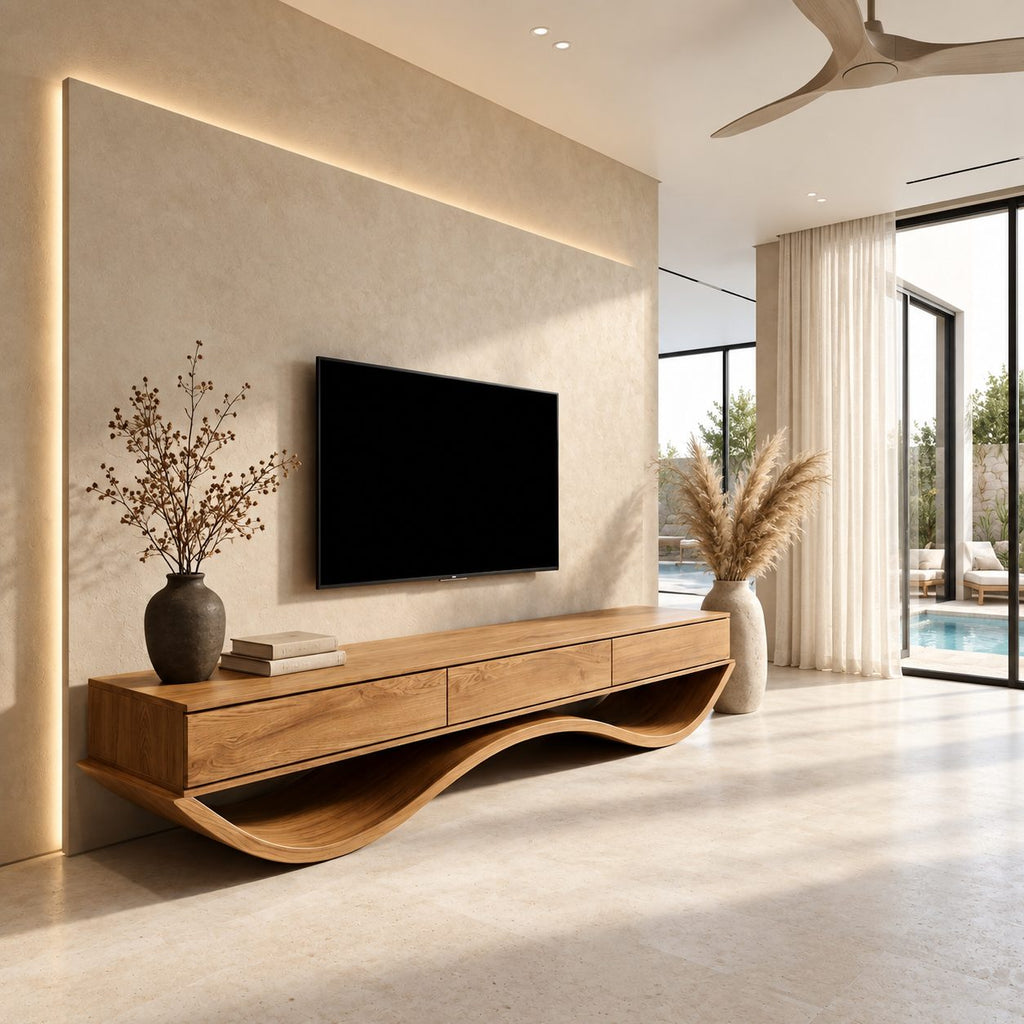 Floating Drawer TV Console on Wavy Base, Solid Wood Low Media Cabinet with Three Drawers