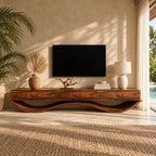 Floating Drawer TV Console on Wavy Base, Solid Wood Low Media Cabinet with Three Drawers