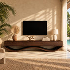 Floating Drawer TV Console on Wavy Base, Solid Wood Low Media Cabinet with Three Drawers