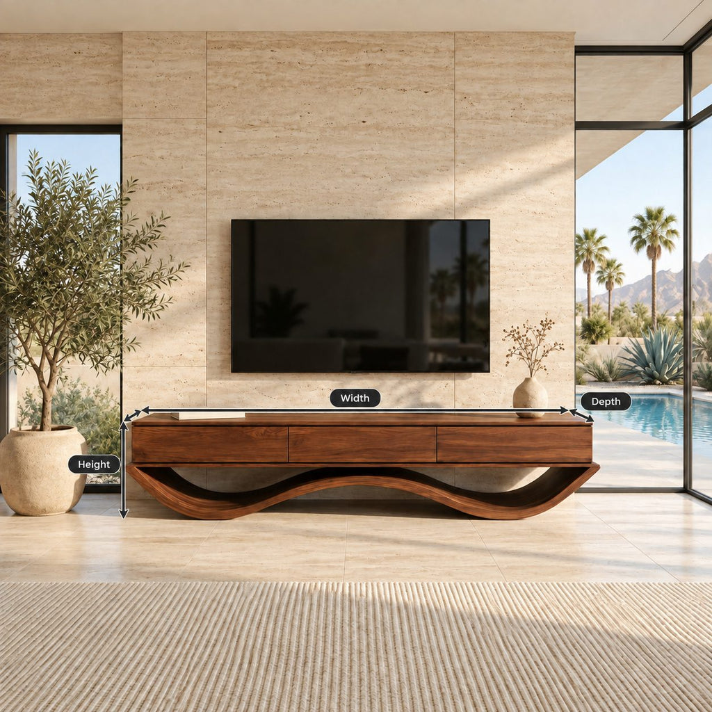 Floating Drawer TV Console on Wavy Base, Solid Wood Low Media Cabinet with Three Drawers