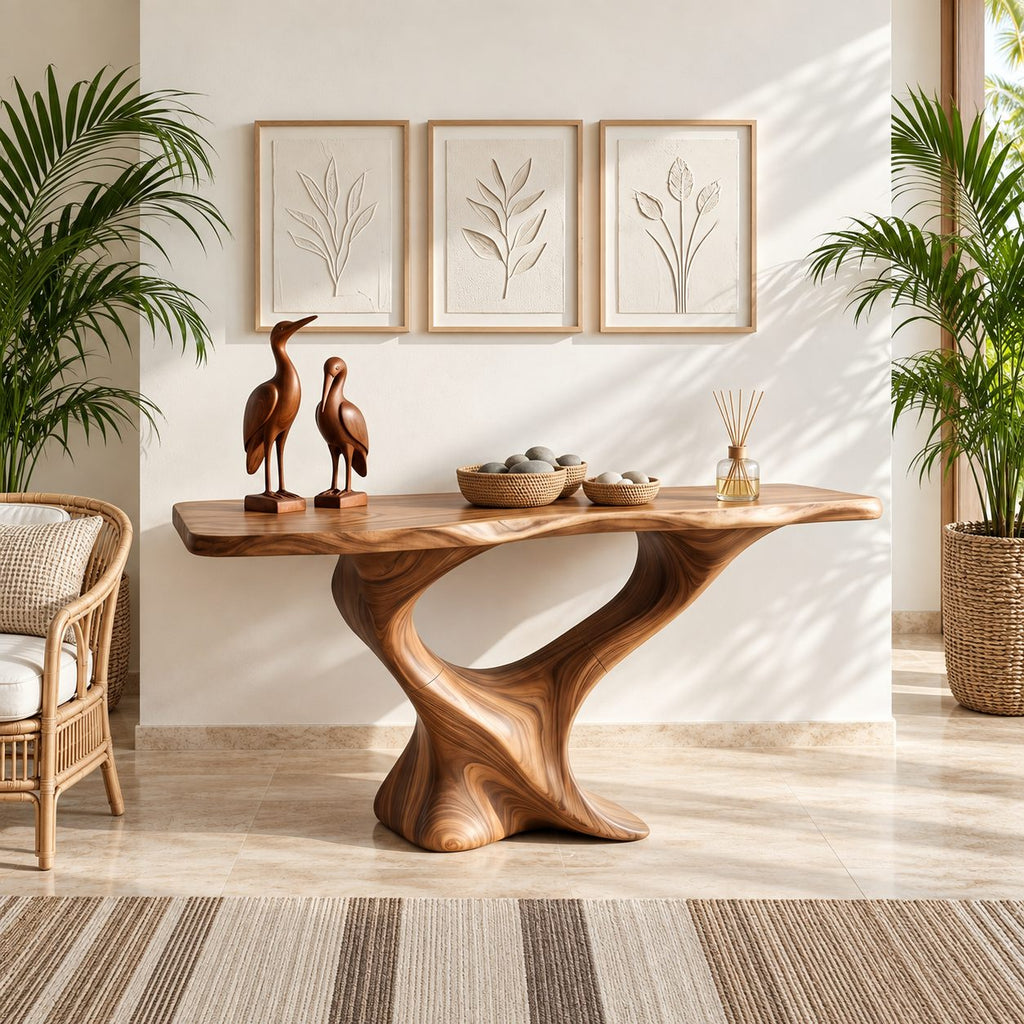 Live Edge Console Table on Twisted S-Shaped Pedestal Base, Sculptural Solid Wood Entryway Table