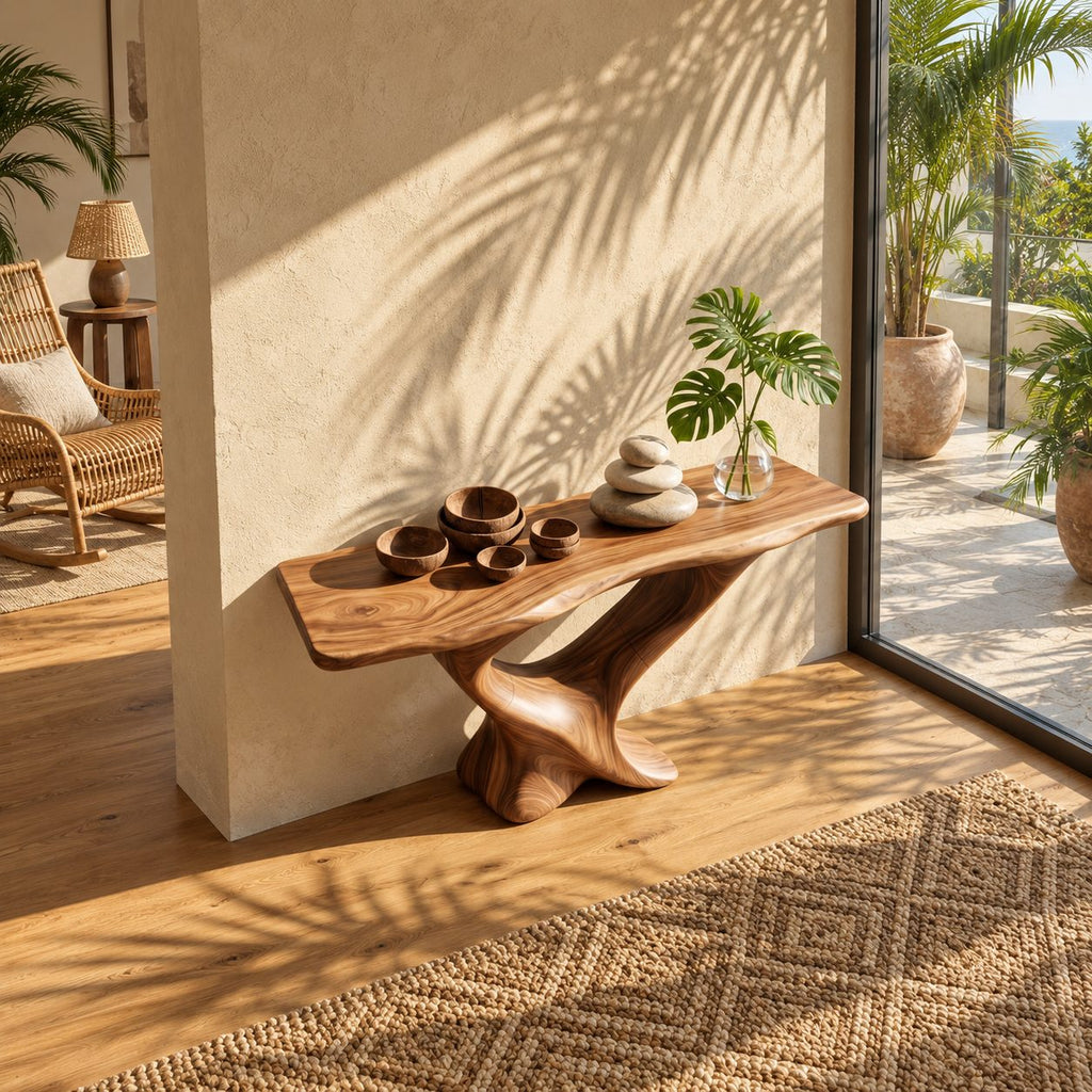 Live Edge Console Table on Twisted S-Shaped Pedestal Base, Sculptural Solid Wood Entryway Table