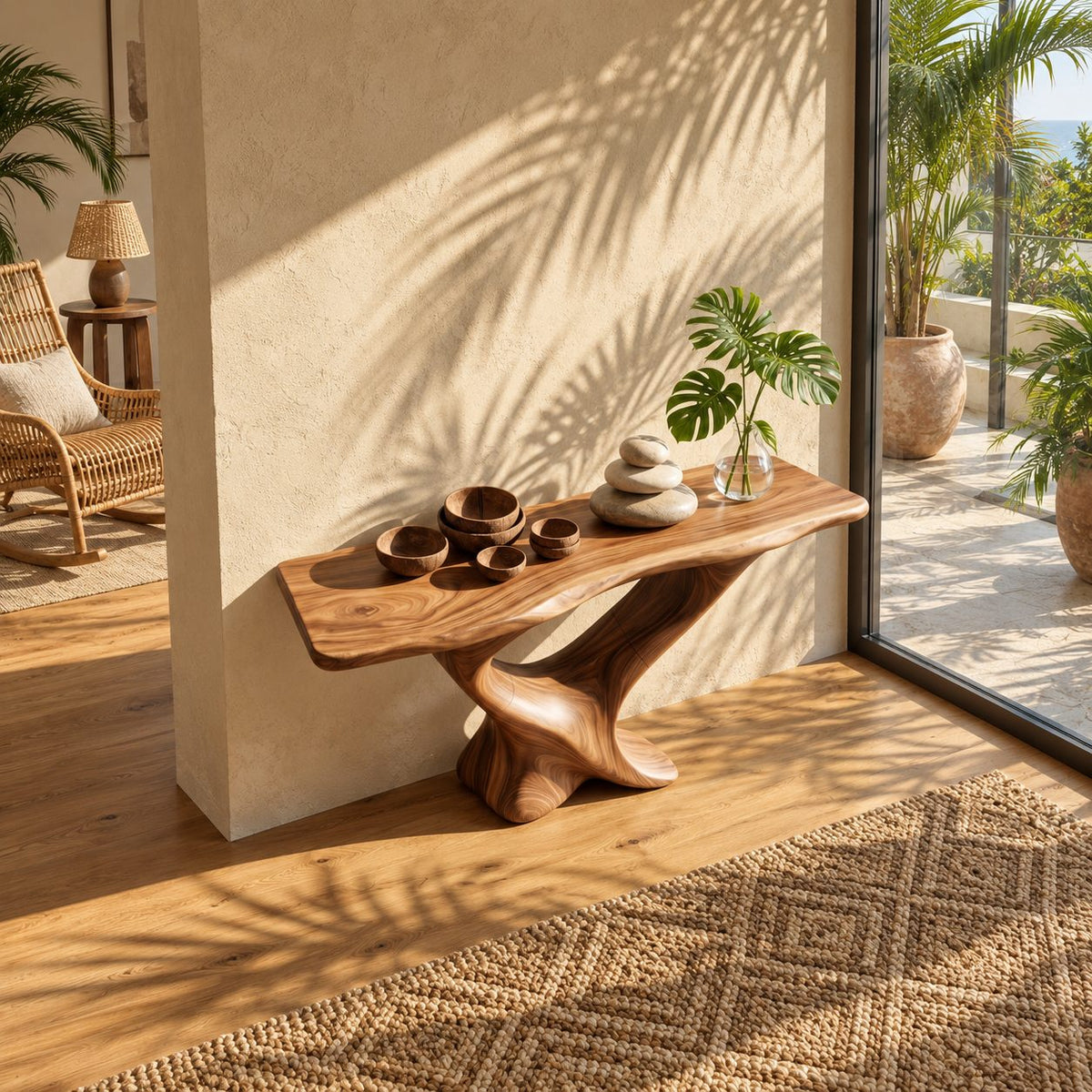Live Edge Console Table on Twisted S-Shaped Pedestal Base, Sculptural Solid Wood Entryway Table