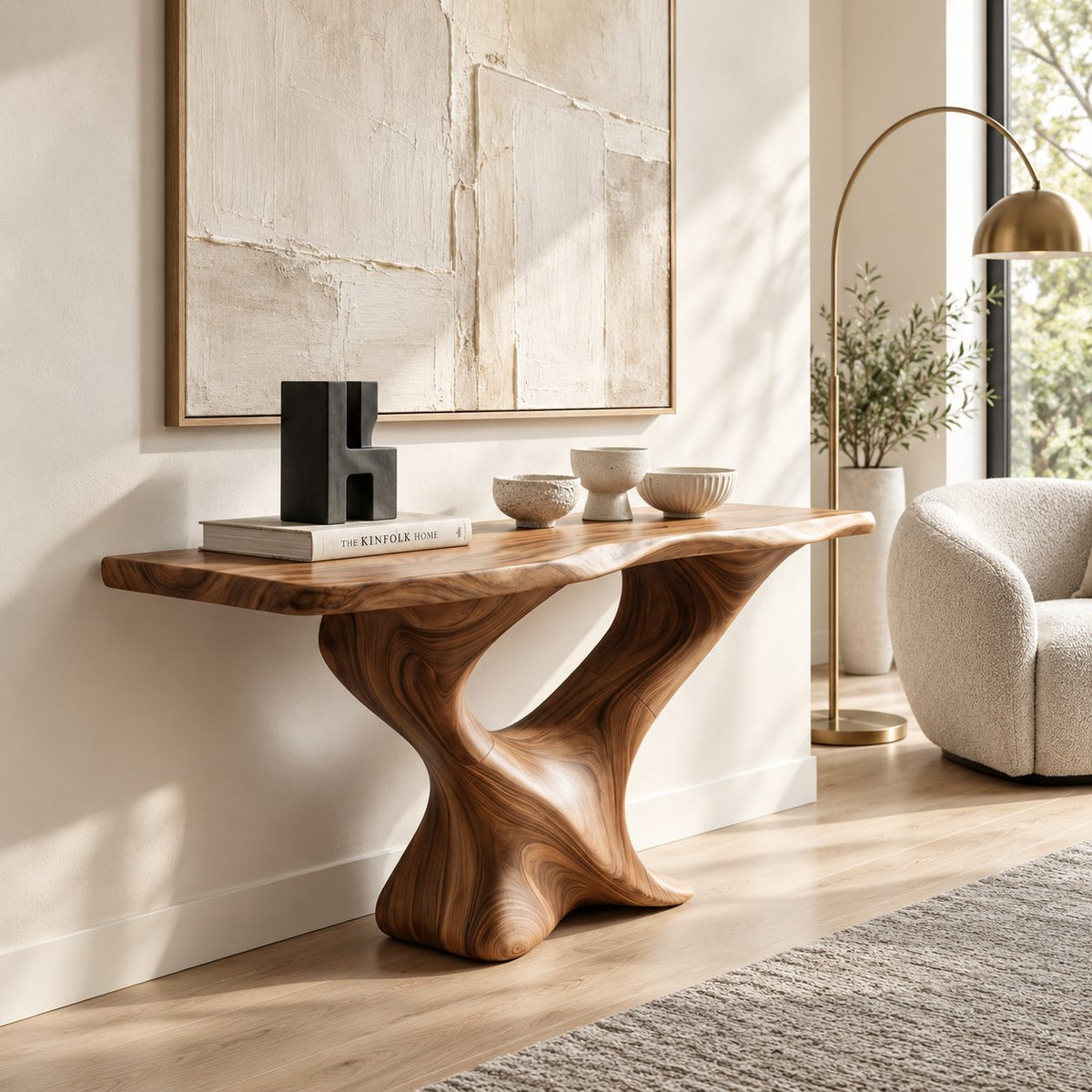 Live Edge Console Table on Twisted S-Shaped Pedestal Base, Sculptural Solid Wood Entryway Table