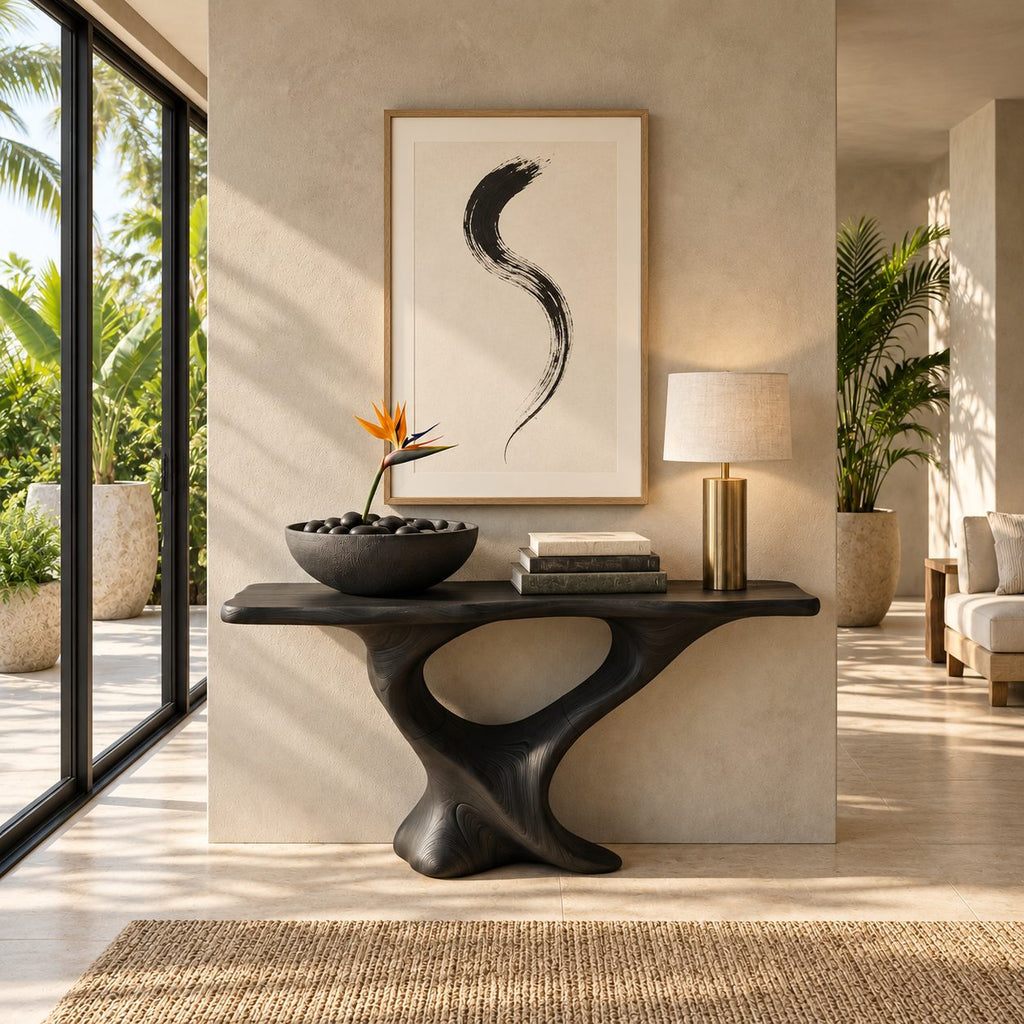 Live Edge Console Table on Twisted S-Shaped Pedestal Base, Sculptural Solid Wood Entryway Table