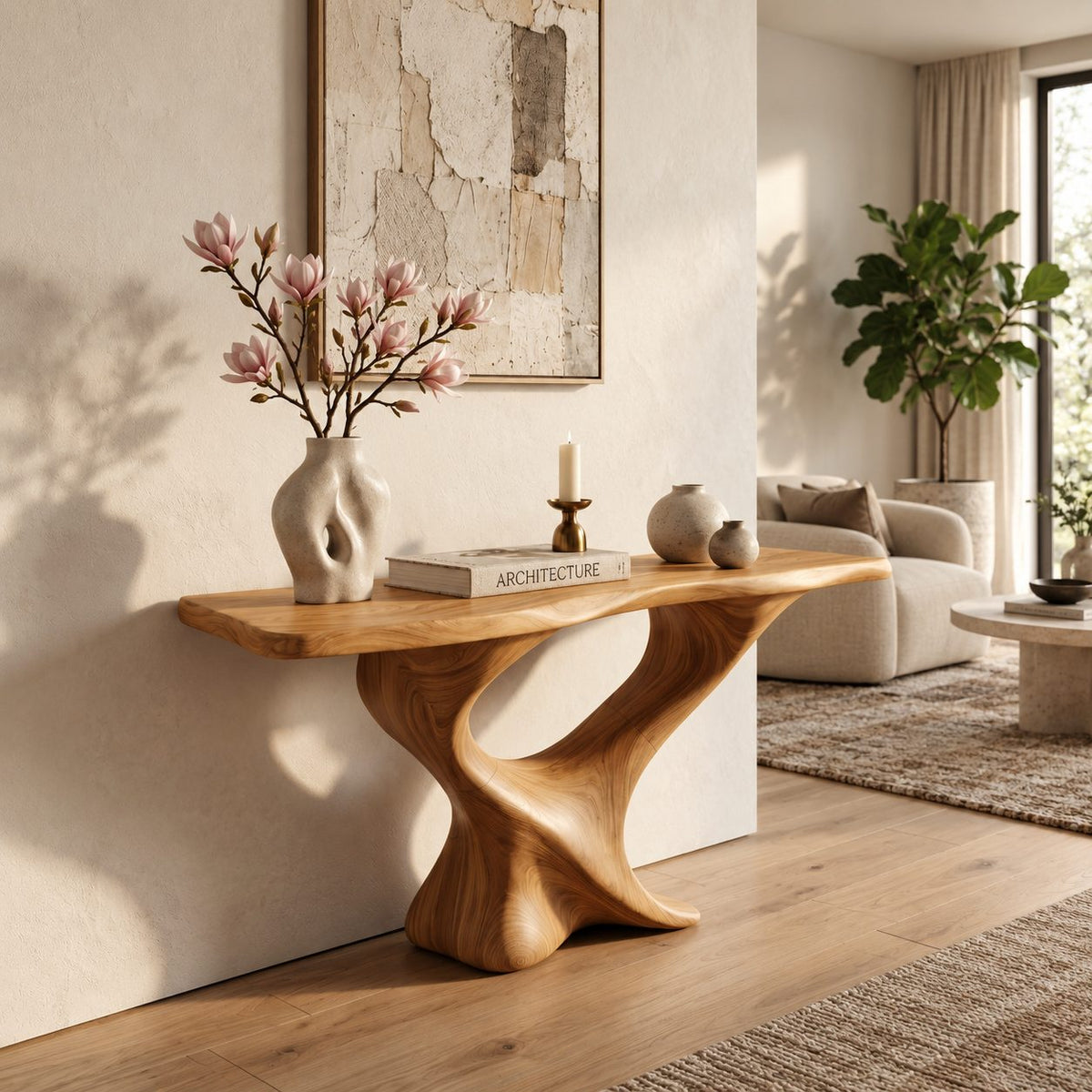 Live Edge Console Table on Twisted S-Shaped Pedestal Base, Sculptural Solid Wood Entryway Table