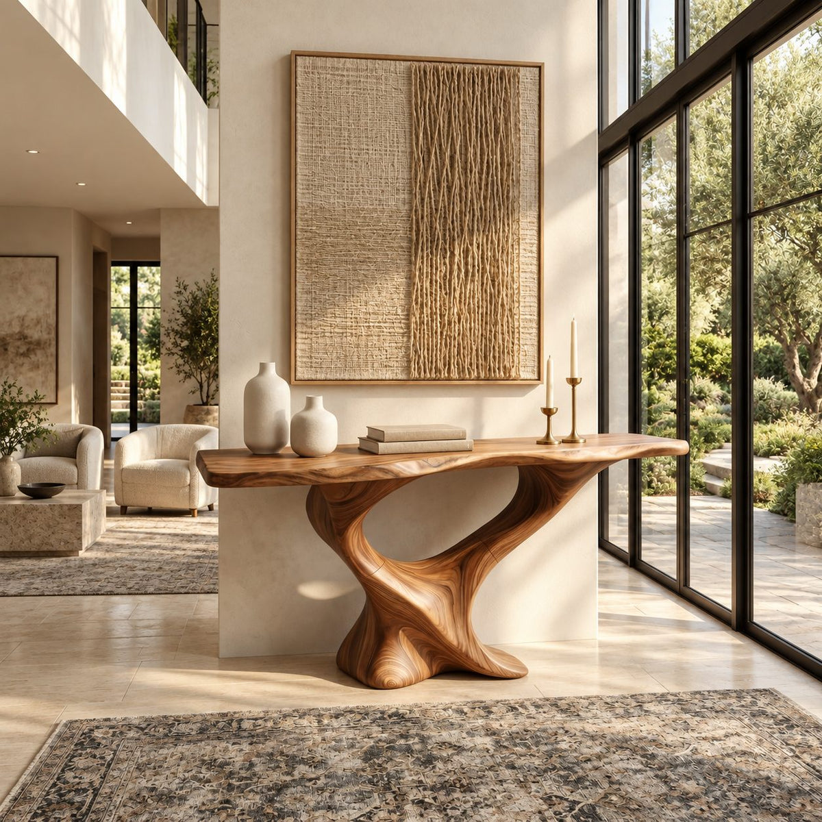 Live Edge Console Table on Twisted S-Shaped Pedestal Base, Sculptural Solid Wood Entryway Table