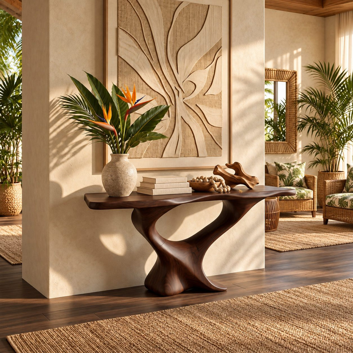 Live Edge Console Table on Twisted S-Shaped Pedestal Base, Sculptural Solid Wood Entryway Table