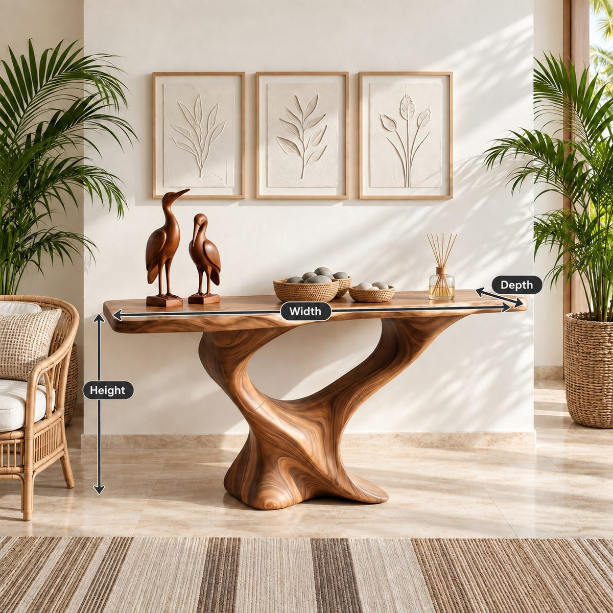 Live Edge Console Table on Twisted S-Shaped Pedestal Base, Sculptural Solid Wood Entryway Table