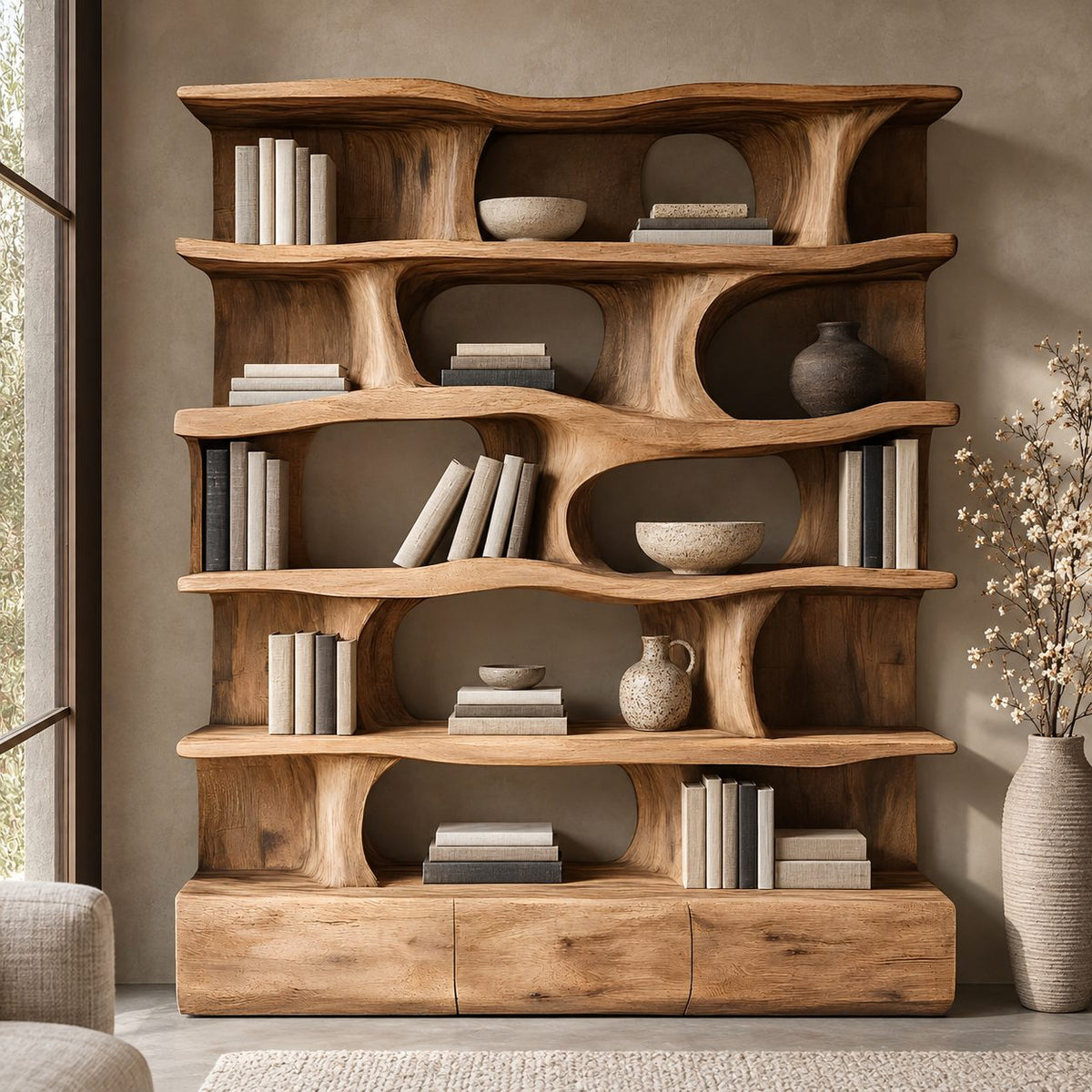 Sculptural Wavy Bookshelf, Large Solid Wood Wall Bookcase with Flowing Organic Uprights and Plinth Base