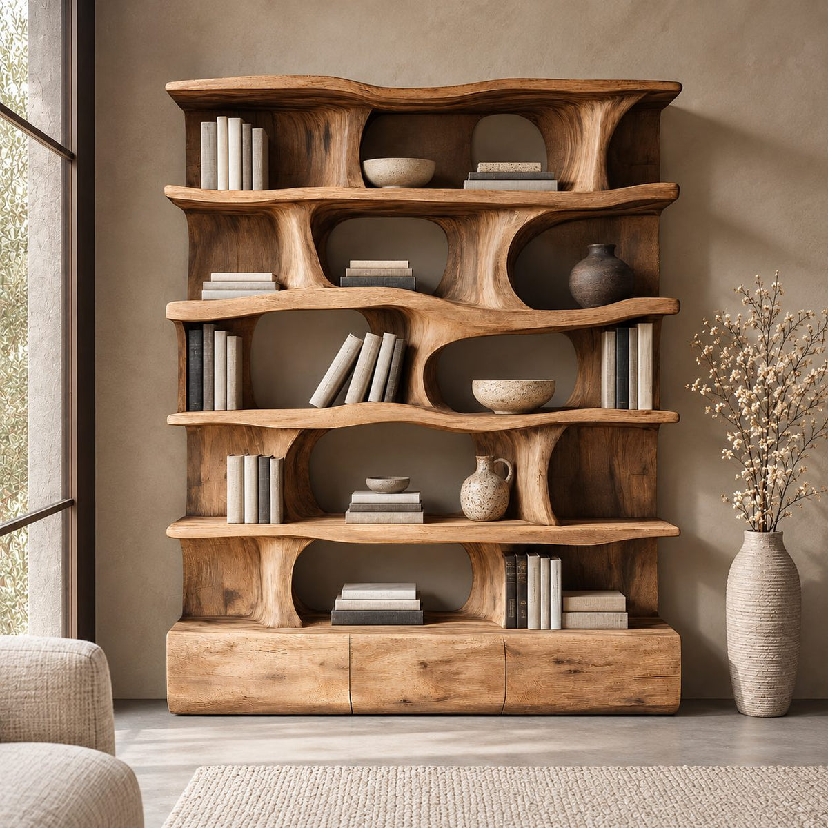 Sculptural Wavy Bookshelf, Large Solid Wood Wall Bookcase with Flowing Organic Uprights and Plinth Base
