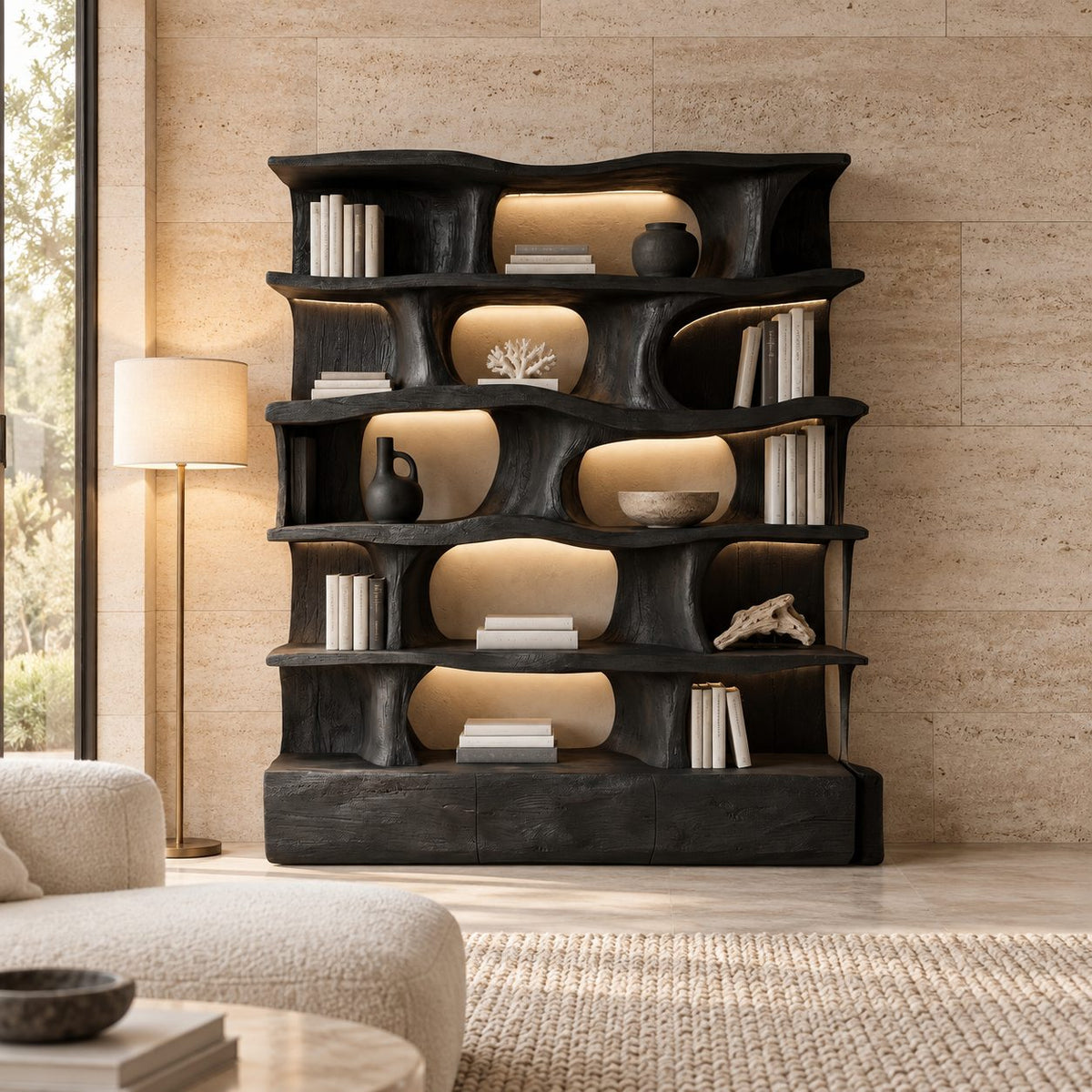 Sculptural Wavy Bookshelf, Large Solid Wood Wall Bookcase with Flowing Organic Uprights and Plinth Base
