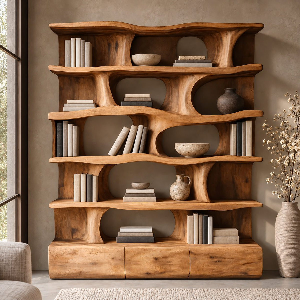 Sculptural Wavy Bookshelf, Large Solid Wood Wall Bookcase with Flowing Organic Uprights and Plinth Base