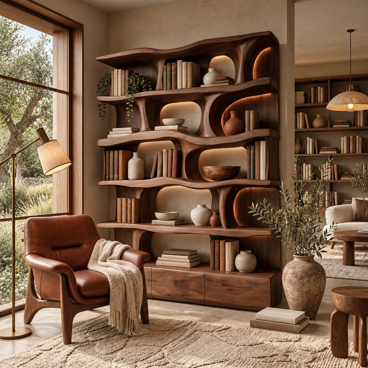Sculptural Wavy Bookshelf, Large Solid Wood Wall Bookcase with Flowing Organic Uprights and Plinth Base