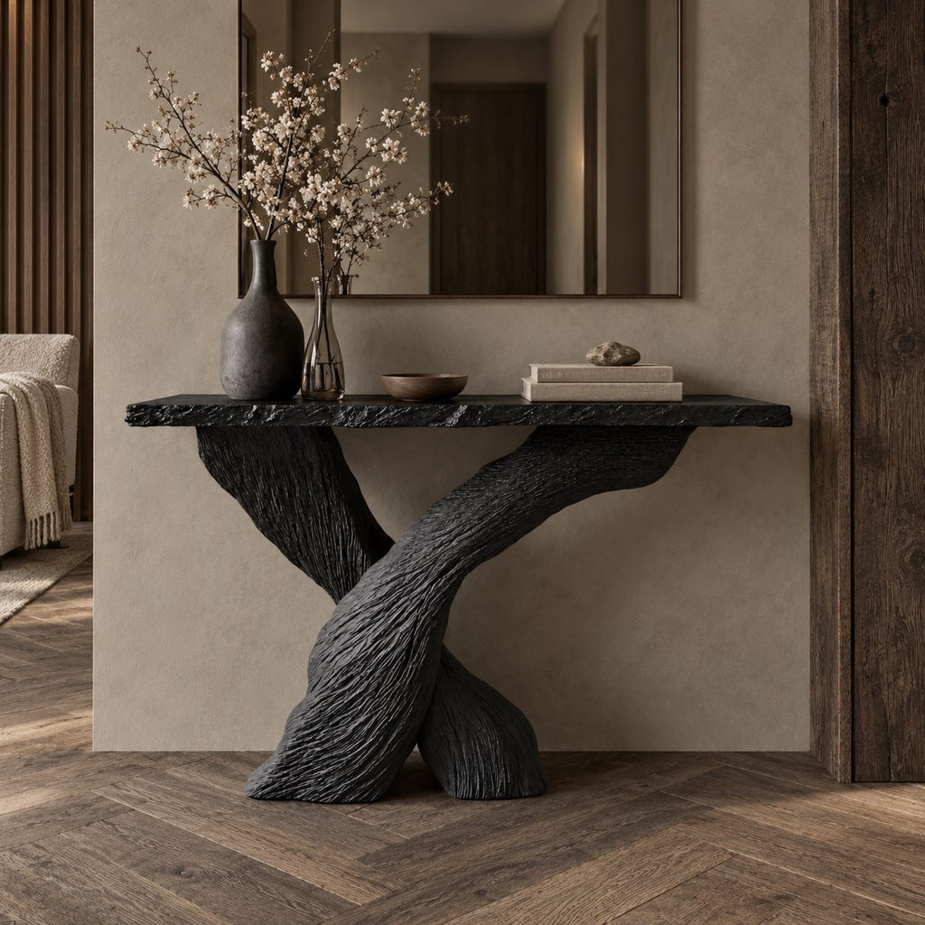 Console Table with Crossed Bark-Textured Trunk Legs and Rough Edge Top, Solid Wood Entryway Table