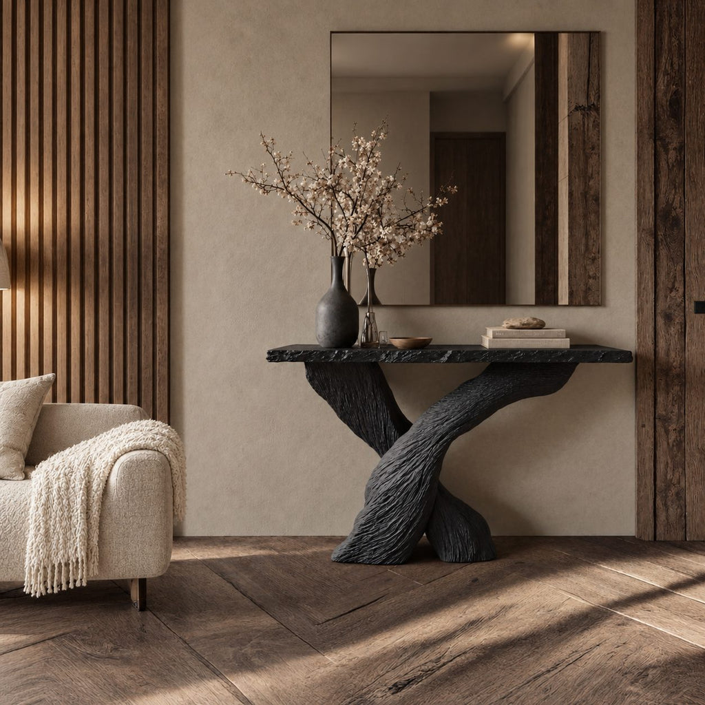 Console Table with Crossed Bark-Textured Trunk Legs and Rough Edge Top, Solid Wood Entryway Table