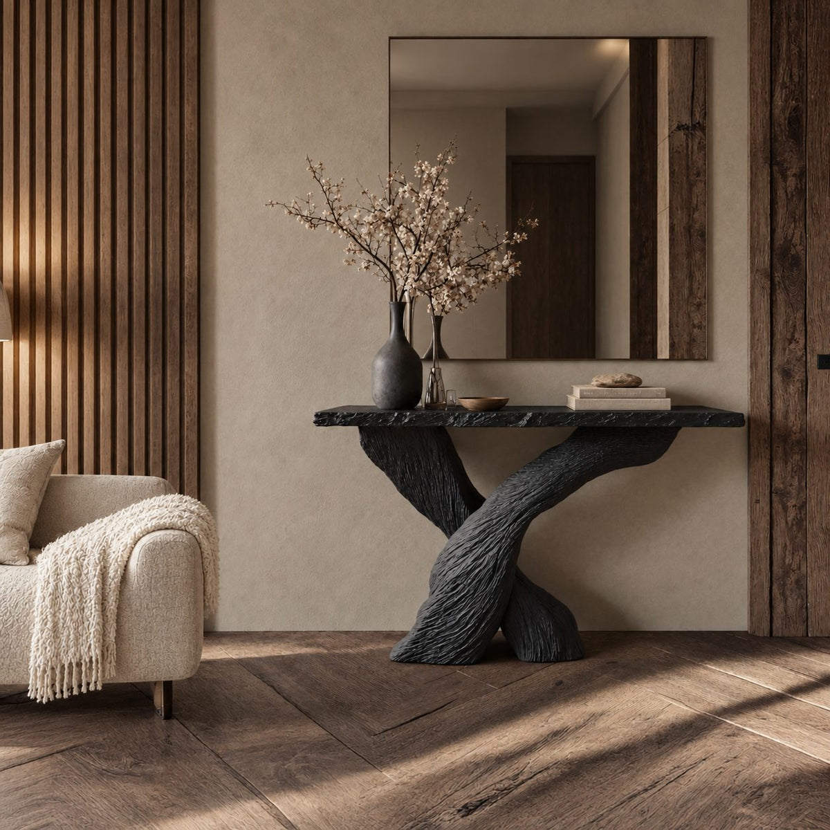 Console Table with Crossed Bark-Textured Trunk Legs and Rough Edge Top, Solid Wood Entryway Table