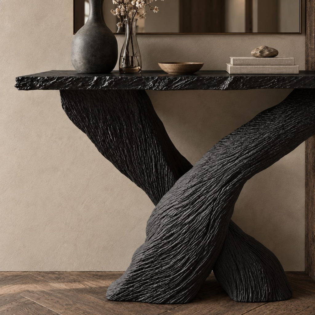 Console Table with Crossed Bark-Textured Trunk Legs and Rough Edge Top, Solid Wood Entryway Table
