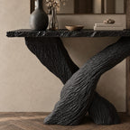 Console Table with Crossed Bark-Textured Trunk Legs and Rough Edge Top, Solid Wood Entryway Table