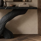 Console Table with Crossed Bark-Textured Trunk Legs and Rough Edge Top, Solid Wood Entryway Table