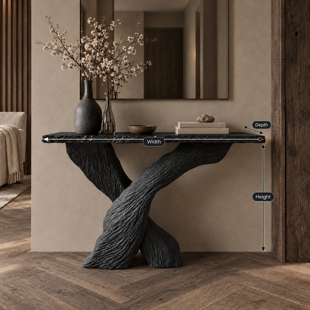 Console Table with Crossed Bark-Textured Trunk Legs and Rough Edge Top, Solid Wood Entryway Table