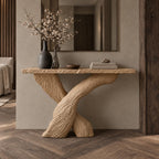 Console Table with Crossed Bark-Textured Trunk Legs and Rough Edge Top, Solid Wood Entryway Table