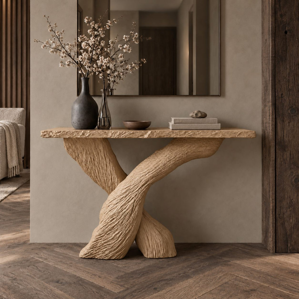 Console Table with Crossed Bark-Textured Trunk Legs and Rough Edge Top, Solid Wood Entryway Table