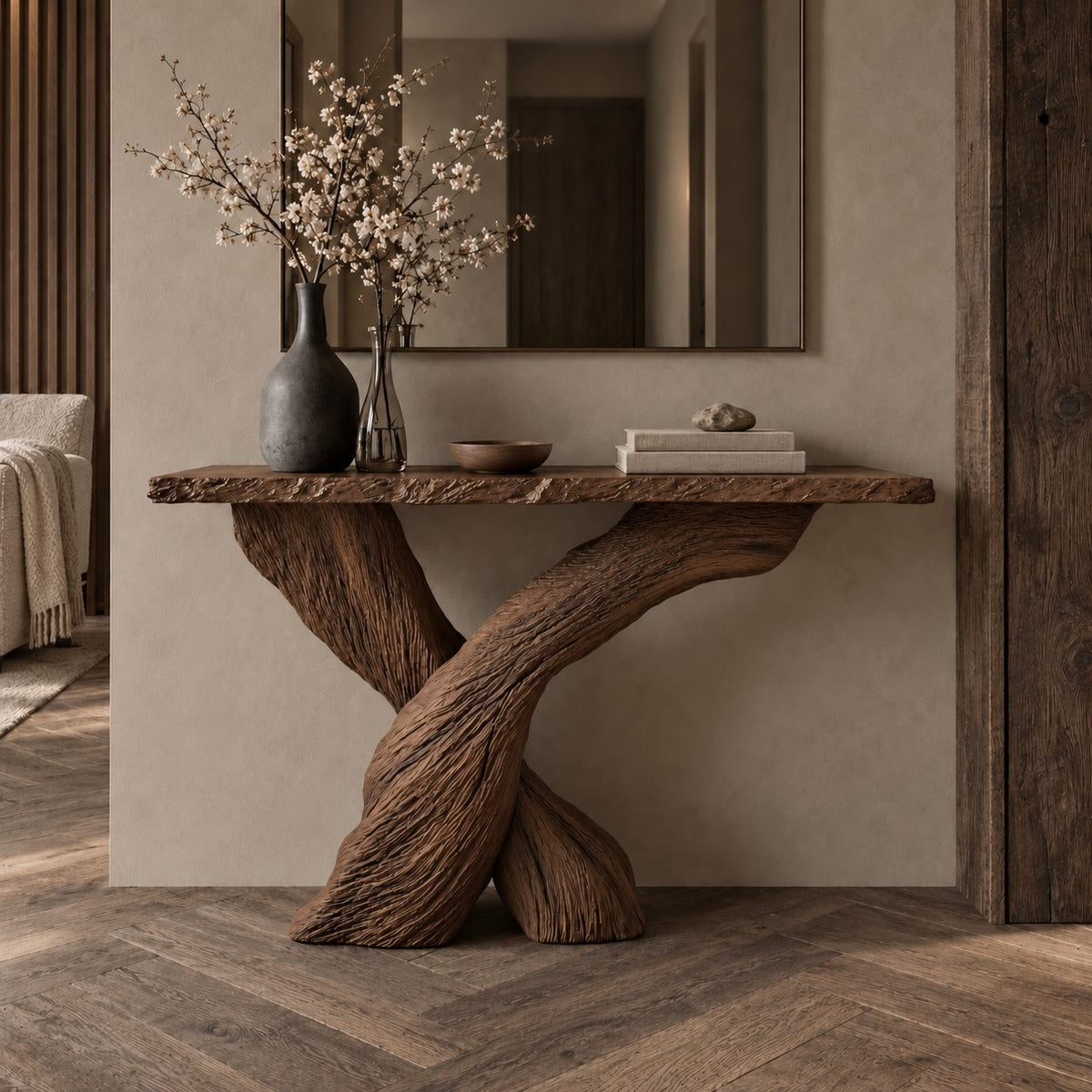 Console Table with Crossed Bark-Textured Trunk Legs and Rough Edge Top, Solid Wood Entryway Table