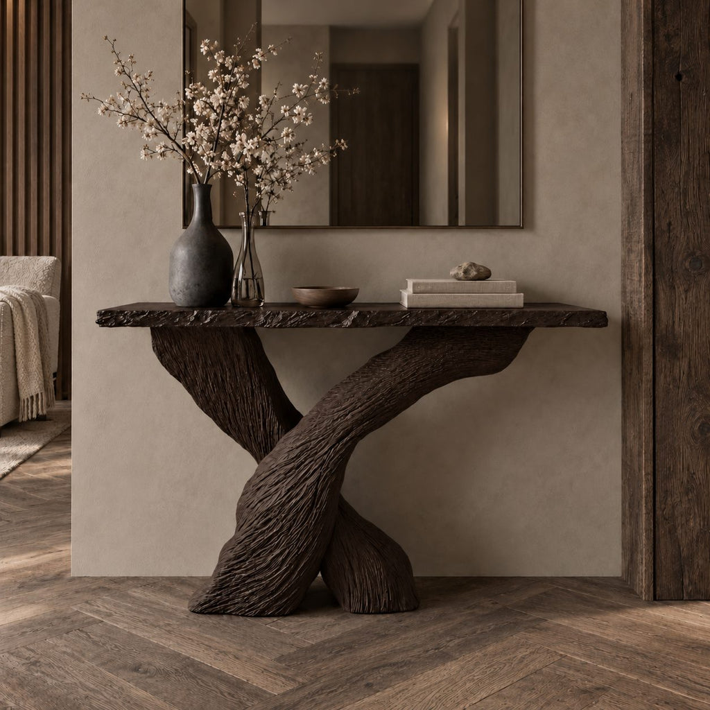 Console Table with Crossed Bark-Textured Trunk Legs and Rough Edge Top, Solid Wood Entryway Table