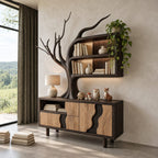 Tree Sideboard with Wall Bookshelf, Solid Wood Storage Cabinet with Sculpted Branches and Wave Door Fronts