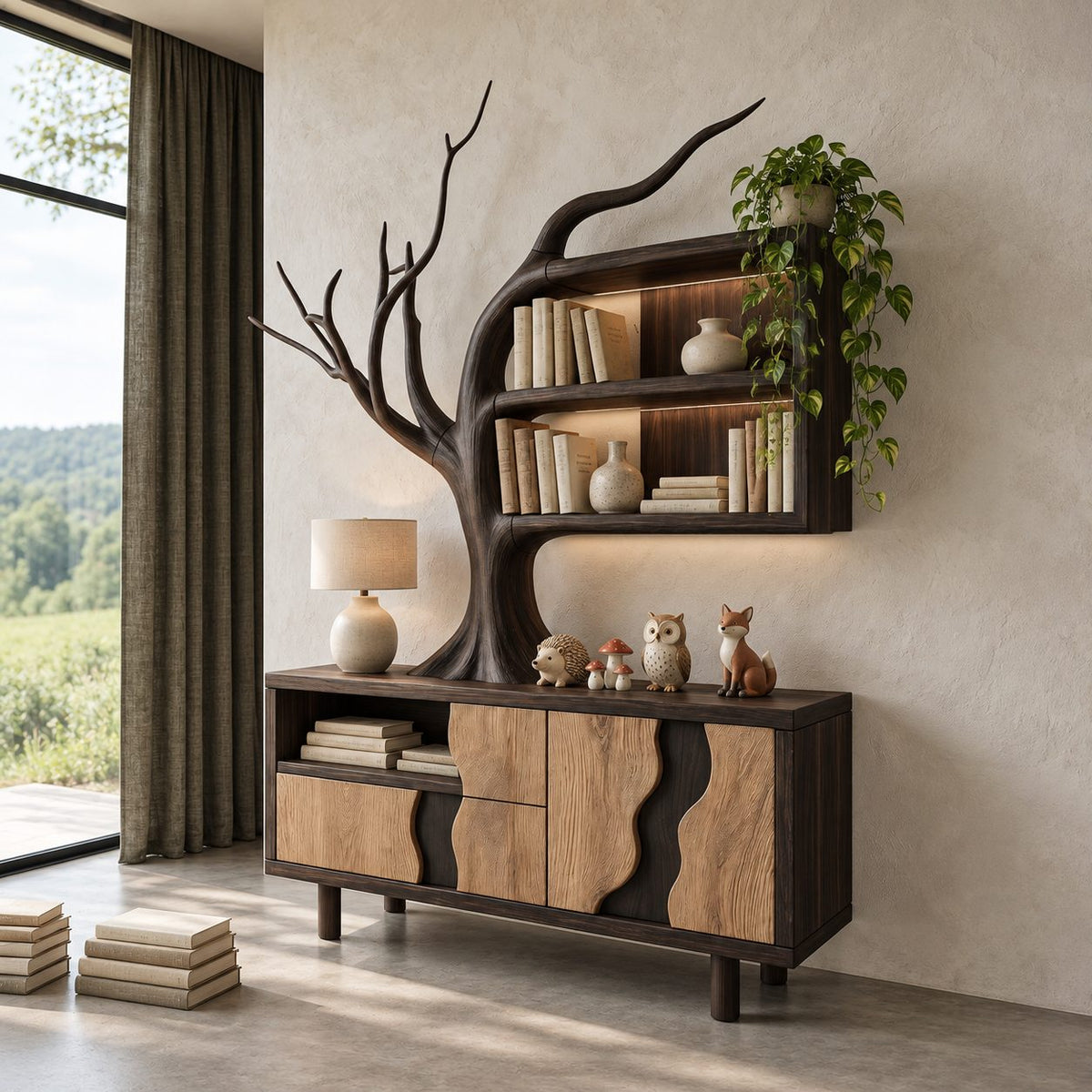 Tree Sideboard with Wall Bookshelf, Solid Wood Storage Cabinet with Sculpted Branches and Wave Door Fronts