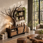 Tree Sideboard with Wall Bookshelf, Solid Wood Storage Cabinet with Sculpted Branches and Wave Door Fronts