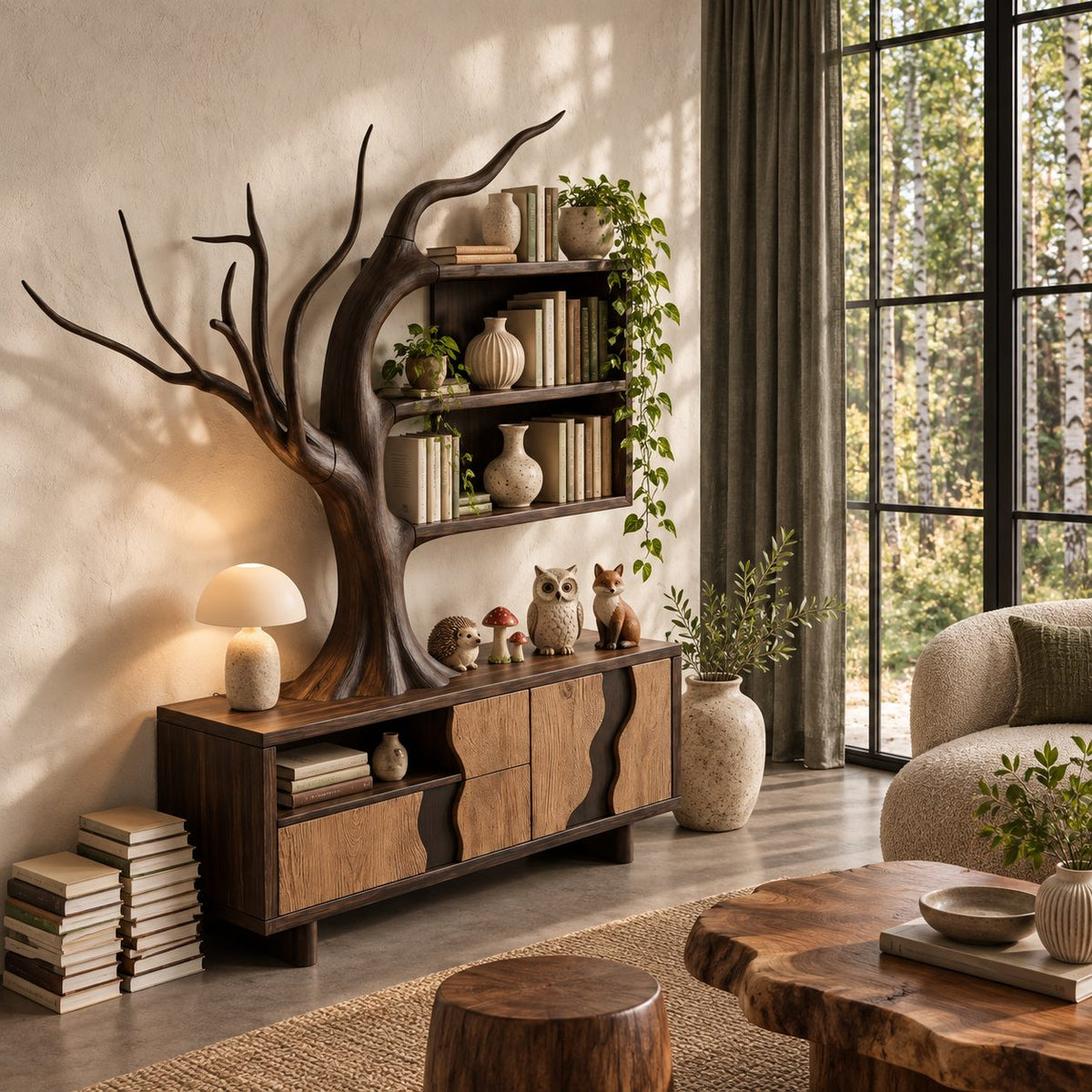 Tree Sideboard with Wall Bookshelf, Solid Wood Storage Cabinet with Sculpted Branches and Wave Door Fronts