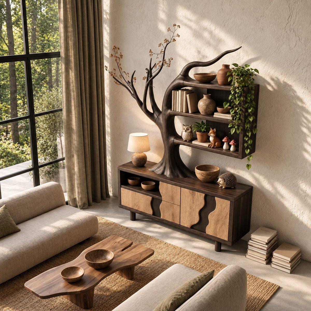 Tree Sideboard with Wall Bookshelf, Solid Wood Storage Cabinet with Sculpted Branches and Wave Door Fronts